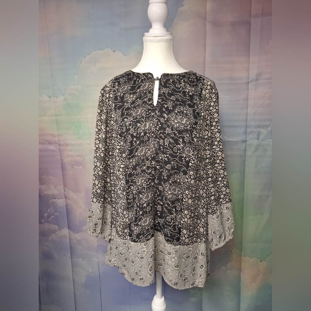Cynthia Rowley Black Grey Cream Floral Keyhole Bell Sleeve Blouse Boho 1X